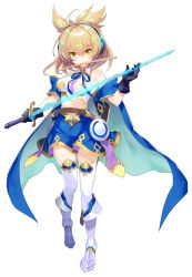 Rule 34 | 1girl, ahoge, alternate costume, armor, armored boots, bare shoulders, belt, black gloves, blonde hair, blue skirt, boots, breasts, cape, gloves, hair between eyes, hayama eishi, headphones, holding, holding sword, holding weapon, impossible clothes, looking at viewer, medium breasts, midriff, miniskirt, mouth hold, navel, pointy hair, simple background, skirt, smile, solo, sword, thighhighs, touhou, toyosatomimi no miko, transparent, weapon, white background, white thighhighs, yellow eyes, zettai ryouiki