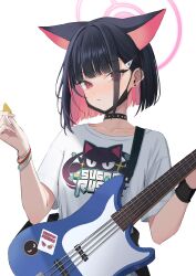 Rule 34 | 1girl, absurdres, animal ears, black choker, black hair, black mask, blue archive, blush, cat ears, cat girl, choker, clothes writing, collarbone, colored inner hair, electric guitar, extra ears, eyes visible through hair, guitar, hair ornament, hairclip, halo, highres, holding, holding instrument, instrument, kazusa (band) (blue archive), kazusa (blue archive), looking at viewer, mask, mask pull, mouth mask, multicolored hair, pink hair, pink halo, red eyes, shirt, short sleeves, simple background, solo, t-shirt, two-tone hair, underline (yuki154cm), white background, white shirt