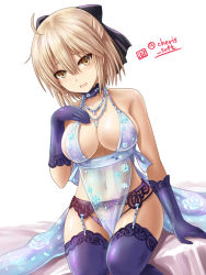 Rule 34 | 1girl, ahoge, artoria pendragon (fate), artoria pendragon (lancer alter) (fate), artoria pendragon (lancer alter) (fate) (cosplay), artoria pendragon (lancer alter) (royal icing) (fate), artoria pendragon (lancer alter) (royal icing) (fate) (cosplay), bed sheet, black bow, blonde hair, blush, bow, breasts, brown eyes, choker, cleavage, cosplay, elbow gloves, fate/grand order, fate (series), floral print, garter belt, gloves, hair between eyes, hair bow, haura akitoshi, large breasts, lingerie, looking at viewer, negligee, official alternate costume, okita souji (fate), okita souji (koha-ace), open mouth, panties, purple gloves, purple panties, purple thighhighs, revealing clothes, see-through, short hair, sideboob, simple background, sitting, solo, thighhighs, underwear, white background