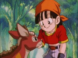 Rule 34 | 1990s (style), animated, animated gif, bandana, blush, breastfeeding, breast sucking, dazed, deer, dragon ball, dragon ball gt, embarrassed, fingerless gloves, forest, gloves, lowres, midriff, nature, pan (dragon ball), red shirt, shirt