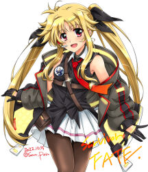 Rule 34 | 1girl, artist name, bare shoulders, black gloves, blonde hair, blush, breasts, brown pantyhose, dated, fate testarossa, gloves, hair ribbon, highres, long hair, looking at viewer, lyrical nanoha, mahou shoujo lyrical nanoha, mahou shoujo lyrical nanoha a&#039;s, miniskirt, open mouth, pantyhose, pleated skirt, red eyes, ribbon, san-pon, skirt, small breasts, smile, solo, twintails, white skirt