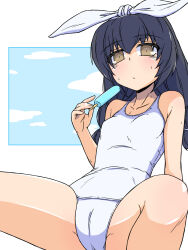 Rule 34 | 1girl, arm support, black hair, blue sky, brown eyes, cameltoe, closed mouth, cloud, cloudy sky, commentary, food, girls und panzer, girls und panzer senshadou daisakusen!, hair ribbon, highres, holding, holding food, holding popsicle, leaning back, light frown, long hair, looking at viewer, official alternate costume, old school swimsuit, one-piece swimsuit, popsicle, reizei mako, renshiu, ribbon, school swimsuit, sitting, sky, solo, spread legs, sweat, swimsuit, white one-piece swimsuit, white ribbon
