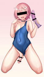 Rule 34 | 1boy, absurdres, bar censor, blue suit, censored, dildo, fang, fish hair ornament, formal, hair ornament, hand up, heterochromia, highres, holding, holding sex toy, male focus, medium hair, miharu (971794372), navel, nipples, open mouth, original, penis, pink background, pink eyes, pink hair, school uniform, sex toy, simple background, sitting, skin fang, solo focus, suit, swimsuit, trap, yellow eyes