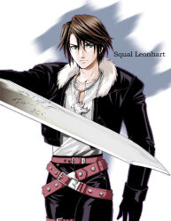 Rule 34 | 1boy, belt, black gloves, black jacket, black pants, blue eyes, brown hair, chain necklace, commentary request, cropped jacket, facing viewer, final fantasy, final fantasy viii, frown, fur-trimmed jacket, fur trim, gacharunta, gloves, holding, holding sword, holding weapon, jacket, jewelry, light frown, long sleeves, male focus, multiple belts, necklace, pants, red belt, scar, scar on face, serious, shirt, shirt tucked in, short hair, solo, squall leonhart, standing, sword, weapon, white shirt