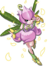 Rule 34 | 1girl, boots, digimon, digimon (creature), digimon jintrix, dress, leaf, lilimon, nail polish, official art, one eye closed, smile, solo, v, wink