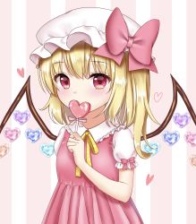 Rule 34 | 1girl, alternate color, alternate costume, arm up, blonde hair, blush, candy, clothes writing, commentary request, covering own mouth, dress, english text, flandre scarlet, food, frilled shirt collar, frills, hair between eyes, hat, hat ribbon, heart, highres, holding, holding candy, holding food, lollipop, looking at viewer, mob cap, nyanyanoruru, one side up, pinafore dress, pink background, pink dress, puffy short sleeves, puffy sleeves, red eyes, ribbon, short hair, short sleeves, sleeveless, sleeveless dress, solo, standing, striped, striped background, touhou, upper body, vertical stripes, white hat, wings, yellow neckwear, yellow ribbon