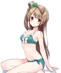Rule 34 | 10s, 1girl, arm support, bare legs, bare shoulders, bikini, bow, brown eyes, brown hair, green bikini, hair bow, long hair, looking at viewer, love live!, love live! school idol project, minami kotori, navel, one side up, parted lips, rimo, side-tie bikini bottom, sitting, solo, swimsuit