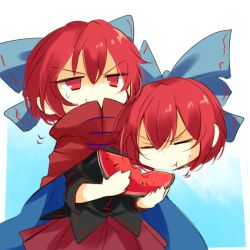 Rule 34 | &gt;:t, 1girl, :t, black shirt, blue bow, bow, cape, chibi, closed mouth, covered mouth, disembodied head, eating, food, fruit, hair bow, high collar, kutsuki kai, looking at viewer, red cape, red eyes, red hair, red skirt, sekibanki, shirt, short hair, skirt, solo, sweat, touhou, v-shaped eyebrows, watermelon