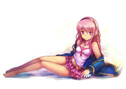 Rule 34 | 10s, 1girl, :o, bare legs, bare shoulders, barefoot, belt, camisole, frills, gathers, headphones, jewelry, kara (color), legs, long hair, lying, open mouth, panties, pillow, pink hair, skirt, solo, tantei opera milky holmes, tooyama saku, underwear, white background