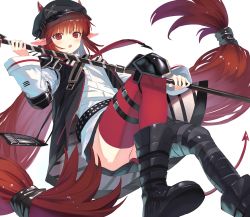Rule 34 | 1girl, arknights, asymmetrical legwear, belt, black belt, black footwear, black vest, boots, cabbie hat, demon horns, demon tail, floating hair, hat, highres, holding, holding weapon, horns, horns through headwear, knee pads, long hair, long sleeves, looking at viewer, low twintails, mismatched legwear, open clothes, open mouth, open vest, pointy ears, polearm, red eyes, red hair, red thighhighs, shirt, simple background, solo, spear, studded belt, tail, thigh strap, thighhighs, twintails, very long hair, vest, vigna (arknights), wasabi60, weapon, white background, white shirt