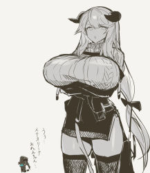 Rule 34 | 1boy, 1girl, arknights, breast hold, breasts, chibi, chibi inset, doctor (arknights), hair between eyes, hair ribbon, horns, huge breasts, long hair, melon22, meteorite (arknights), monochrome, open mouth, ribbon, skindentation, sweater, tagme, thighhighs, turtleneck, turtleneck sweater, very long hair