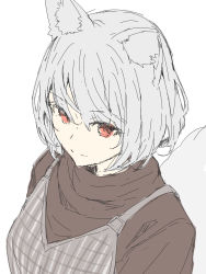 Rule 34 | 1girl, animal ear fluff, animal ears, black shirt, closed mouth, commentary request, dress, fox ears, fox girl, fox tail, grey dress, grey hair, hair between eyes, highres, original, red eyes, shirt, simple background, sleeveless, sleeveless dress, solo, tail, upper body, white background, yuuji (yukimimi)
