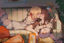 Rule 34 | 2girls, apron, black hair, blonde hair, commentary request, couch, highres, imminent kiss, inoue takina, long hair, looking at another, lycoris recoil, lying, moyu marginal, multiple girls, nishikigi chisato, on couch, on stomach, print apron, purple eyes, red eyes, short hair, short twintails, twintails, white apron, yuri