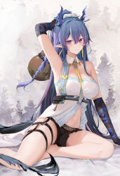 Rule 34 | 1girl, arknights, arm up, armpits, bare shoulders, black gloves, black shorts, blue eyes, blue hair, blush, braid, breasts, cleavage, closed mouth, detached collar, dragon girl, dragon horns, dragon tail, earrings, elbow gloves, gloves, gourd, hair ornament, highres, holding, horns, jewelry, large breasts, ling (arknights), long hair, looking at viewer, midriff, multicolored hair, navel, ponytail, ru zhai, short shorts, shorts, sitting, skindentation, slit pupils, smile, solo, streaked hair, tail, tassel, tassel earrings, thigh strap, thighs, white hair