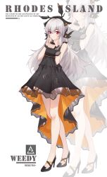 1girl alternate_costume arknights bare_legs bare_shoulders black_dress black_footwear breasts character_name cleavage closed_mouth crossed_legs dress full_body hair_ornament hair_ribbon hands_up high_heels highres hiruno_baizhou long_hair red_eyes ribbon see-through_clothes silver_hair sleeveless sleeveless_dress small_breasts solo standing watson_cross weedy_(arknights) white_background wristband zoom_layer