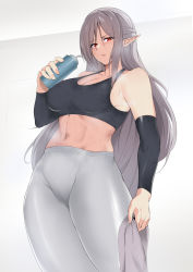 Rule 34 | 1girl, arknights, breasts, cleavage, commentary, cowboy shot, crop top, detached sleeves, gladiia (arknights), grey hair, grey pants, highres, holding, holding towel, large breasts, leggings, long hair, long sleeves, looking at viewer, midriff, navel, pants, parted lips, pointy ears, red eyes, solo, sports bra, standing, stomach, thick thighs, thighs, towel, very long hair, xllam