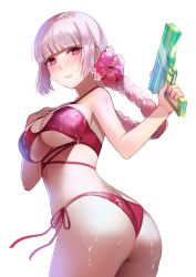 Rule 34 | 1girl, ass, bare shoulders, bikini, blunt bangs, braid, breasts, cleavage, commentary, curvy, fate/grand order, fate (series), female focus, fingernails, florence nightingale (fate), flower, from side, hair flower, hair ornament, hand on own chest, hibiscus, highres, huge ass, large breasts, lips, long hair, looking at viewer, looking back, nail polish, parted lips, pink eyes, pink hair, red bikini, shiny skin, side-tie bikini bottom, simple background, single braid, solo, swimsuit, terai (teraimorimori), thong, thong bikini, trigger discipline, twisted torso, very long hair, water gun, wet, white background, wide hips