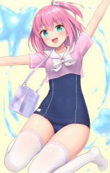 Rule 34 | 1girl, :d, aqua eyes, arm up, bag, commentary request, hair between eyes, highres, looking at viewer, one-piece swimsuit, open mouth, original, outstretched arms, pink hair, sasaame, short hair, short sidetail, short sleeves, shoulder bag, smile, solo, spread arms, swimsuit, swimsuit under clothes, thighhighs, white thighhighs