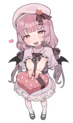 Rule 34 | 1girl, absurdres, bat wings, black footwear, black wings, blush, box, child, dress, fallenshadow, fang, full body, gift, hair ornament, hairclip, hat, heart, heart-shaped box, heart-shaped pupils, highres, holding, holding gift, indie virtual youtuber, long hair, making-of available, mary janes, open mouth, opossumachine, purple dress, purple eyes, purple hair, purple hat, reaching, reaching towards viewer, shoes, short sleeves, simple background, smile, socks, solo, standing, symbol-shaped pupils, valentine, virtual youtuber, white background, white socks, wings, x hair ornament