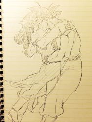 Rule 34 | 1boy, 1girl, :d, black eyes, black hair, chi-chi (dragon ball), chinese clothes, couple, dougi, dragon ball, dragonball z, floating hair, fukuko fuku, hands on another&#039;s hips, happy, hetero, hug, looking at another, monochrome, notebook, open mouth, smile, son goku, spiked hair, traditional media