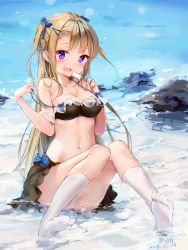 Rule 34 | absurdres, bare shoulders, beach, bikini, black bikini, blonde hair, bow, breasts, character request, copyright request, corrupted metadata, feet, food, frills, highres, knees together feet apart, lanyingchengzhi, long hair, looking at viewer, medium breasts, no shoes, popsicle, purple eyes, socks, solo, swimsuit, twintails, water, water drop, white socks