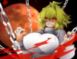 Rule 34 | 00s, 1girl, antenna hair, arcueid brunestud, ato (bfj315), bags under eyes, blonde hair, blood, blood splatter, breasts, chain, covered erect nipples, full moon, grin, hair intakes, impossible clothes, impossible sweater, large breasts, melty blood, moon, red moon, sharp teeth, short hair, smile, solo, sweater, teeth, tsukihime, turtleneck, red arcueid, yellow eyes