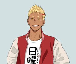 Rule 34 | 1boy, apolo (priapus), blonde hair, close-up, clothes writing, collared jacket, dark-skinned male, dark skin, ear piercing, itto (mentaiko), jacket, looking at viewer, male focus, open clothes, open jacket, original, piercing, priapus, shirt, short eyebrows, smile, solo, spiked hair, t-shirt, upper body, yellow eyes