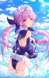 Rule 34 | 1girl, ahoge, anchor symbol, ass, azur lane, bad id, bad pixiv id, bare shoulders, blue hair, blue one-piece swimsuit, blue ribbon, blue sky, blush, braid, breasts, cloud, cloudy sky, colored inner hair, commentary request, day, detached sleeves, from behind, gloves, hair ribbon, highres, hololive, long hair, long sleeves, looking at viewer, looking back, maid headdress, medium breasts, minato aqua, multicolored hair, ocean, one-piece swimsuit, open mouth, outdoors, purple eyes, purple hair, ribbon, shiro albino, sky, smile, solo, swimsuit, twintails, two-tone hair, virtual youtuber, water, wet
