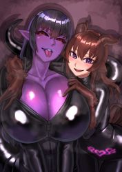 Rule 34 | 2girls, :d, absurdres, animal ears, black hair, black sclera, blue lips, blush, bodysuit, breasts, brown hair, cleavage, colored sclera, colored skin, commission, forked tongue, glowing tattoo, goat ears, goat horns, goat tail, heart, heart tattoo, highres, horns, huge breasts, kilye kairi, lamia, latex, latex bodysuit, lipstick, long hair, looking at viewer, makeup, monster girl, multiple girls, open mouth, original, pointy ears, presenting, pubic tattoo, purple eyes, purple skin, red eyes, seductive smile, skeb commission, smile, tattoo, tongue