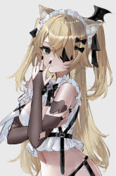 Rule 34 | 1girl, animal ears, belt, black bow, black bowtie, black nails, black ribbon, blonde hair, bow, bowtie, bridal gauntlets, brown gloves, cat ears, cleavage cutout, clothing cutout, commentary, crop top, elbow gloves, eyepatch, fischl (genshin impact), frilled shirt, frills, from side, genshin impact, gloves, green eyes, grey background, hair over one eye, hair ribbon, highres, looking at viewer, maid headdress, nail polish, navel, raiya atelier, ribbon, shirt, sidelocks, simple background, sleeveless, sleeveless shirt, solo, swept bangs, twintails, two side up, upper body, white shirt