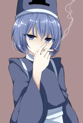 Rule 34 | 1other, androgynous, blue eyes, blue hair, blue hat, blue shirt, brown background, cigarette, commentary request, hair between eyes, hat, highres, holding, holding cigarette, kashiwagi kaoru, len&#039;en, long sleeves, other focus, ougi hina, shirt, short hair, simple background, smoke, smoking, solo, upper body, wide sleeves