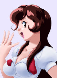 Rule 34 | 1girl, breasts, brown eyes, brown hair, creatures (company), dress shirt, enessef, game freak, giselle (pokemon), highres, laughing, lipstick, looking at viewer, makeup, necktie, nintendo, pokemon, pokemon (anime), pokemon (classic anime), puffy sleeves, school uniform, shirt, solo, unbuttoning, undressing