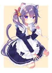 Rule 34 | 10s, 1girl, akebono (kancolle), alternate costume, animal ears, bad id, bad pixiv id, bell, cat ears, cat tail, cream, cream on face, enmaided, flower, food, food on face, hair bell, hair flower, hair ornament, highres, jingle bell, kantai collection, kemonomimi mode, long hair, mafuyu (chibi21), maid, maid headdress, purple eyes, purple hair, side ponytail, solo, tail, very long hair