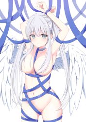 Rule 34 | 1girl, armpits, arms up, blue ribbon, bound, bound arms, breasts, grey eyes, hair censor, hair over breasts, highres, long hair, looking at viewer, naked ribbon, navel, original, ribbon, solo, standing, stomach, suzunashi rei, twintails, white hair, white wings, wings