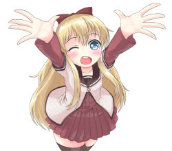 Rule 34 | 1girl, :d, ;d, arms up, black thighhighs, blonde hair, blue eyes, bow, hair bow, layered sleeves, long sleeves, looking at viewer, one eye closed, open mouth, outstretched arms, s ibane, s ibane2, school uniform, serafuku, short over long sleeves, short sleeves, simple background, smile, solo, teeth, thighhighs, toshinou kyouko, white background, wink, yuru yuri, zettai ryouiki