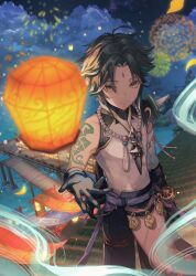 Rule 34 | 1boy, arm tattoo, bead necklace, beads, black hair, blue hair, blurry, blurry background, building, closed mouth, cloud, dock, facial mark, fireworks, forehead mark, genshin impact, gloves, highres, jewelry, lantern, leaf, looking at viewer, male focus, multicolored hair, necklace, night, night sky, obakeno m, orange eyes, outdoors, sky, solo, tattoo, water, xiao (genshin impact)