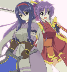 Rule 34 | 2girls, anastasia valeria, belt, blue hair, bow, breasts, closed mouth, crossover, dancing blade, dress, endori, gloves, hair ornament, hair ribbon, hairband, huge bow, huge weapon, long hair, looking at viewer, momohime (dancing blade), multiple girls, open mouth, ponytail, purple eyes, purple hair, red hairband, ribbon, sidelocks, simple background, skirt, smile, standing, sword, transparent background, twintails, very long hair, weapon, white background, wild arms, wild arms 2