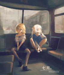 Rule 34 | 2girls, absurdres, bag, between legs, black footwear, black skirt, blonde hair, blue eyes, blue hoodie, brown legwear, building, bus interior, day, dino (dinoartforame), elbow rest, expressionless, feet on chair, gawr gura, hair ornament, hand between legs, hand on own face, hand on own foot, head tilt, highres, hololive, hololive english, hood, hood down, hoodie, legs up, light smile, looking at viewer, mixed-language commentary, multicolored hair, multiple girls, off-shoulder shirt, off shoulder, own hands together, pantyhose, power lines, puffy short sleeves, puffy sleeves, rimless eyewear, round eyewear, sandals, shark hair ornament, shirt, shopping bag, short hair, short sleeves, sitting, skirt, spread legs, streaked hair, twitter username, virtual youtuber, watson amelia, watson amelia (street casual), white hair, white shirt, window