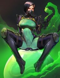 Rule 34 | 1girl, ass, badcompzero, black hair, black thighhighs, bodysuit, breasts, covered navel, green eyes, highres, looking at viewer, mask, medium breasts, orb, poison, short hair, sitting, solo, thighhighs, tight clothes, valorant, viper (valorant)
