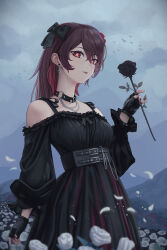 Rule 34 | 1girl, absurdres, bare shoulders, belt, black belt, black bow, black choker, black dress, black flower, black gloves, black nails, black rose, bow, breasts, brown hair, choker, cloud, cloudy sky, commentary, dress, fingerless gloves, flower, genshin impact, gloves, goth fashion, hair between eyes, hair bow, highres, holding, holding flower, hu tao (genshin impact), junker art, long hair, long sleeves, looking at viewer, nail polish, off-shoulder dress, off shoulder, parted lips, petals, purple lips, red eyes, rose, rose petals, sky, small breasts, solo, upper body, white flower, white rose