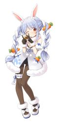 Rule 34 | absurdres, alcohol, animal ear fluff, animal ears, aoki ume, arm cuffs, blue hair, blush, braid, bridal garter, carrot, carrot hair ornament, don-chan (usada pekora), dress, food-themed hair ornament, fur-trimmed dress, fur-trimmed gloves, fur scarf, fur trim, glass, gloves, hair ornament, highres, hololive, hololive fantasy, multicolored hair, one eye closed, pantyhose, rabbit ears, rabbit girl, second-party source, shoes, simple background, smile, thick eyebrows, twin braids, usada pekora, usada pekora (1st costume), virtual youtuber, white background, white hair, yellow eyes