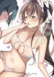 Rule 34 | 2girls, aizawa kazuha, animal ears, aqua eyes, assault lily, bare arms, bare shoulders, bell, blue hair, blurry, blush, bow, bra, breasts, brown hair, cat cutout, cat ear panties, cat ears, cat lingerie, choker, cleavage, cleavage cutout, clothing cutout, commentary, commission, cowboy shot, crossed bangs, depth of field, fake animal ears, finger in another&#039;s mouth, fingernails, flying sweatdrops, frilled bra, frills, hair between eyes, hair bow, hair intakes, hair ornament, tucking hair, hairband, hairclip, hand up, heart, high ponytail, highres, jingle bell, large breasts, lipstick, long hair, looking at another, makeup, meme attire, multiple girls, navel, neck bell, no eyes, panties, phago, ponytail, profile, raised eyebrows, serizawa chikaru, short hair, side-tie panties, sidelocks, simple background, sitting, smeared lipstick, solo focus, steaming body, stomach, sweatdrop, twitter username, underwear, underwear only, very long hair, white background, white bow, white bra, white choker, white hairband, white panties, yuri
