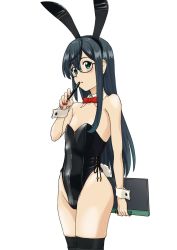 Rule 34 | alternate costume, animal ears, bare hips, black-framed eyewear, black hair, black hairband, black leotard, black thighhighs, bow, bowtie, clipboard, covered navel, detached collar, fake animal ears, fake tail, flat chest, glasses, green eyes, hairband, highleg, highleg leotard, highres, holding, holding clipboard, holding pen, kantai collection, leotard, long hair, looking at viewer, mikan 29344886, nail polish, ooyodo (kancolle), pen, pen to mouth, playboy bunny, rabbit ears, rabbit tail, red bow, red bowtie, red nails, semi-rimless eyewear, sidelocks, simple background, skindentation, solo, straight hair, strapless, strapless leotard, tail, thighhighs, under-rim eyewear, very long hair, white background, wrist cuffs