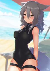 Rule 34 | 1girl, animal ears, arknights, arms behind back, bare shoulders, beach, black one-piece swimsuit, blurry, blurry background, blush, breasts, brown hair, cameltoe, casual one-piece swimsuit, chromatic aberration, closed mouth, covered erect nipples, covered navel, cowboy shot, day, depth of field, hair between eyes, highres, large breasts, long hair, looking at viewer, ocean, ochako (kemomimiochanu), official alternate costume, one-piece swimsuit, outdoors, projekt red (arknights), projekt red (light breeze) (arknights), skindentation, solo, swimsuit, table, tail, wolf ears, wolf girl, wolf tail, yellow eyes