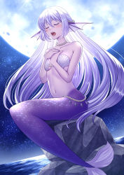 Rule 34 | 1girl, closed eyes, collarbone, commentary request, fins, full moon, head fins, highres, inari hisato, jewelry, mermaid, monster girl, moon, music, navel, necklace, night, night sky, ocean, original, pearl necklace, rock, scales, shell, shell bikini, singing, sky, solo, star (sky), starry sky, teeth, water