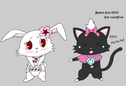 Rule 34 | &gt; &lt;, 2010, animal ears, cat ears, character request, creature, crying, crying with eyes open, diaper, grey background, jewelpet, jewelpet (series), laughing, no humans, poorly drawn, rabbit ears, red eyes, ruby (jewelpet), sad, simple background, tears, text focus