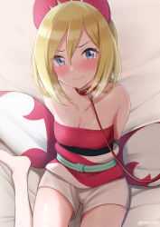 Rule 34 | 1girl, arms behind back, barefoot, bdsm, bed sheet, blonde hair, blue eyes, blush, bondage, bound, bound arms, breasts, breath, cleavage, closed mouth, collar, collarbone, commentary request, creatures (company), eyelashes, game freak, hair between eyes, hairband, highres, irida (pokemon), leash, looking at viewer, nintendo, panna444, pokemon, pokemon legends: arceus, red hairband, red shirt, rope, sash, shirt, shorts, sitting, slave, solo, strapless, strapless shirt, sweat, waist cape, white shorts