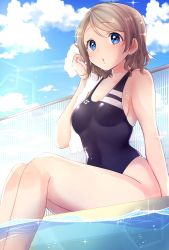 Rule 34 | 1girl, :o, arm up, bare arms, bare legs, blue eyes, blue sky, breasts, cleavage, cloud, competition swimsuit, fence, grey hair, highres, kazepana, looking at viewer, love live!, love live! sunshine!!, medium breasts, one-piece swimsuit, open mouth, outdoors, pool, poolside, short hair, sideboob, sidelocks, skindentation, sky, sparkle, swimsuit, towel, watanabe you, wet, wet hair