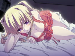 Rule 34 | 1girl, animal ears, bare shoulders, bed, bed sheet, blush, bow, breasts, cat ears, chemise, cleavage, draculius, elshlant d. annoyance, frills, game cg, hair bow, legs, lingerie, long hair, lying, narumi suzune, night, official art, open mouth, pointy ears, purple eyes, see-through, sleeveless, solo, twintails, underwear