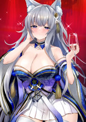 Rule 34 | 1girl, absurdres, animal ear fluff, animal ears, azur lane, blue collar, blue kimono, breasts, collar, cowboy shot, cup, drunk, fox ears, fox girl, grey hair, highres, holding, holding cup, huge breasts, japanese clothes, kimono, long hair, long sleeves, purple eyes, red background, shinano (azur lane), simple background, skirt, skirt under kimono, solo, standing, thighhighs, very long hair, white skirt, white thighhighs, wide sleeves, zou333